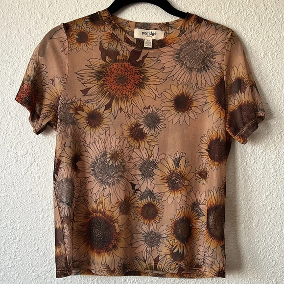Anthropologie Porridge Short-Sleeve Mesh Tee Sunflower Print Size XS - Picture 2 of 7